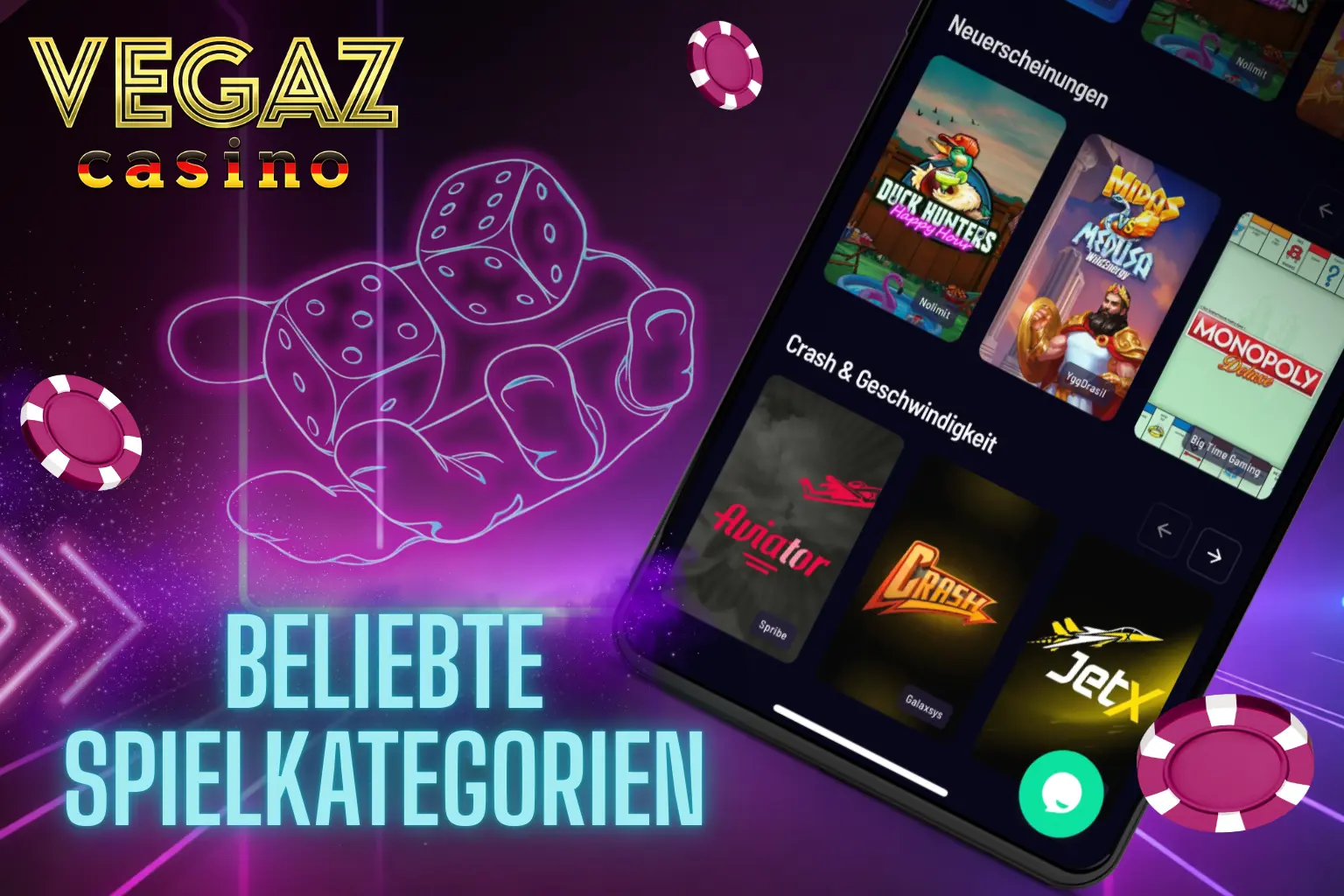 Crash Games und Fast Games, alle Spiele von Vegaz Casino funktionieren reibungslos im Browser.